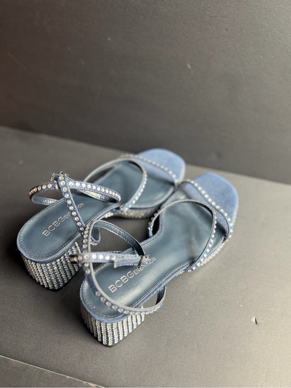 BCBGeneration Blue Rhinestone Block Heel Sandals - Picture 2 of 13